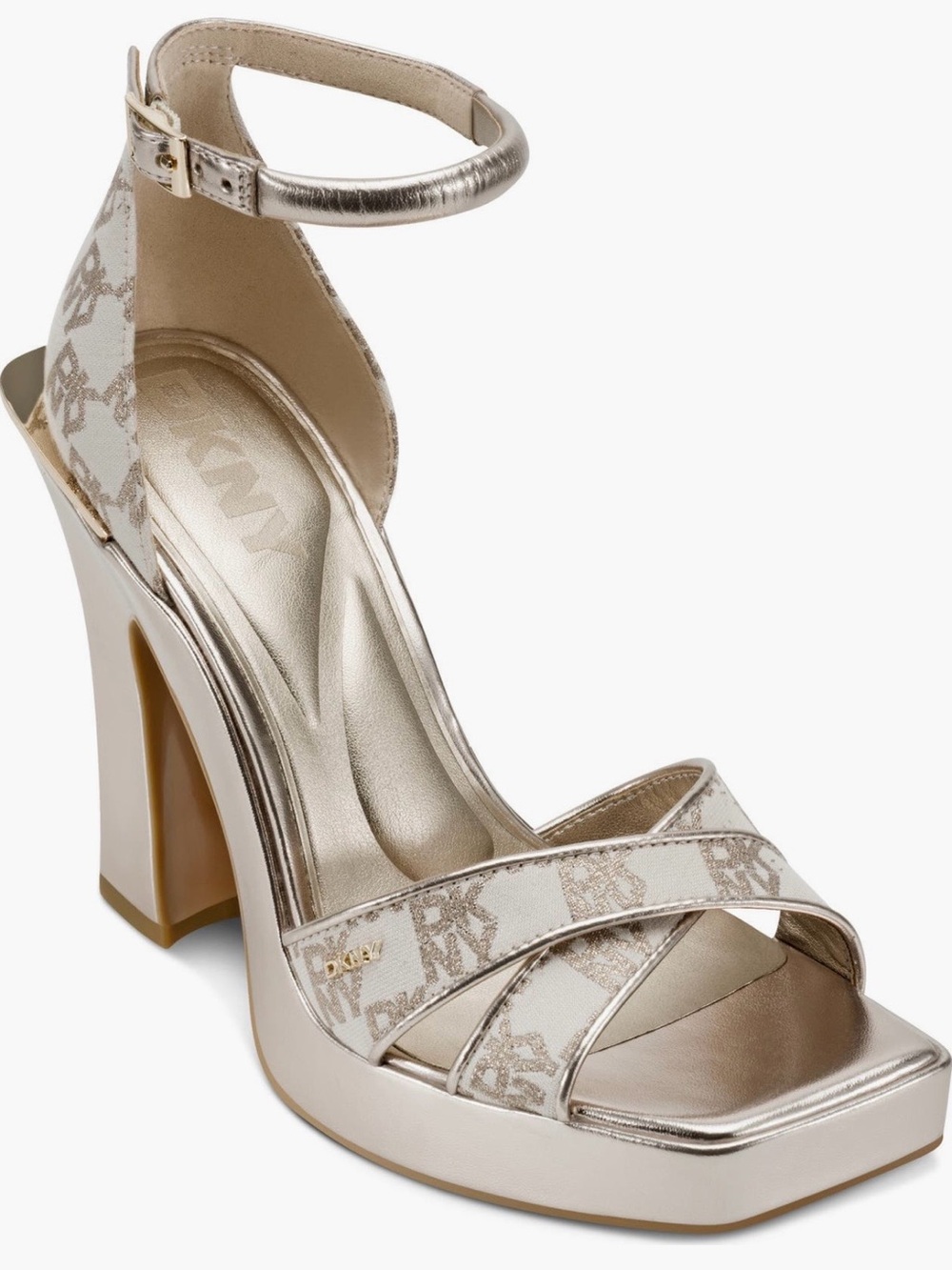 DKNY Linda Champagne Metallic Logo Ankle-Strap Platform Sandal